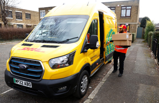 A Ford E-Transit in London used by DHL courier Christopher Brownbill