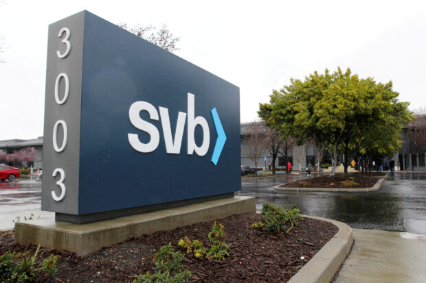 Sign for Silicon Valley Bank headquarters in Sta. Clara, CA