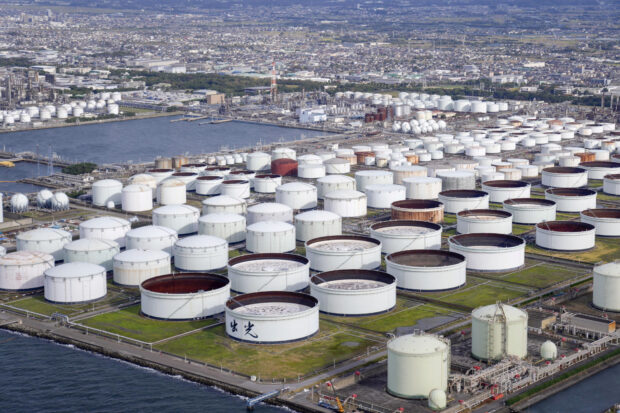 An aerial view of an oil tanks in Ichihara