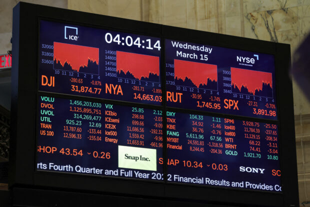 A screen displays the Dow Jones Industrial Average at NYSE