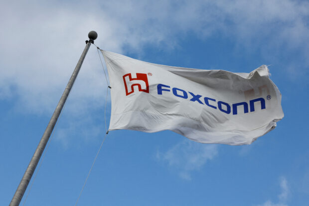 Foxconn flag seen at its electric vehicle production facility in Ohio, U.S.