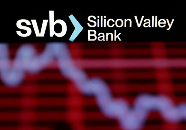 Silicon Valley Bank logo on a declining stock graph