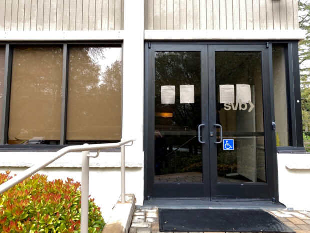 FILE PHOTO: A locked door to a Silicon Valley Bank location on Sand Hill Road is seen in Menlo Park