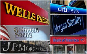A collage of photos of various banks' logos
