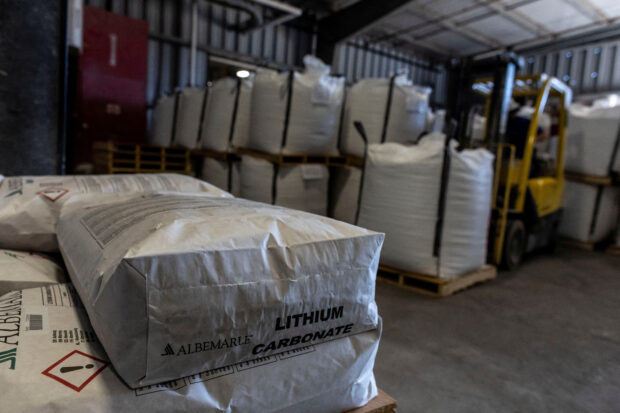 Sacks of lithium carbonate at Albemarle Lithium facility in Nevada