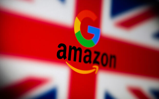 UK flag, Google and Amazon logos