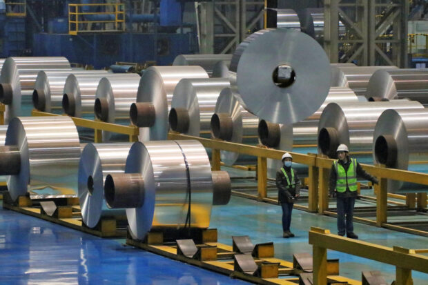 Production line at an aluminum rolls factory in Shandong, China