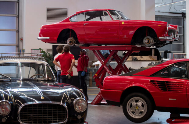 Ferrari Classiche cars are pictured in a garage at the Ferrari factory in Maranello