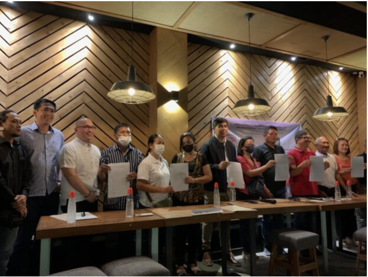 The Altai Philippines Mining Corporation officers and Sibuyan-Civil Society Organizations representatives hold a press conference at Tablo Kitchen Cafe in Quezon City on April 19, 2023. 