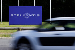 Stellantis logo at the entrance of the company's factory in France