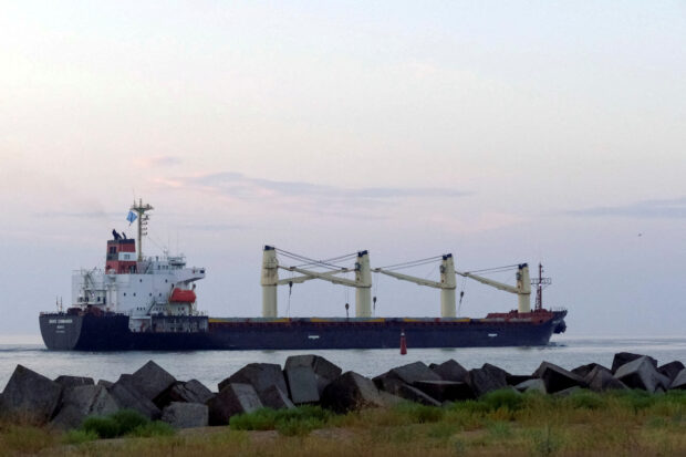 Bulk carrier leaves the seaport Pivdennyi with grains