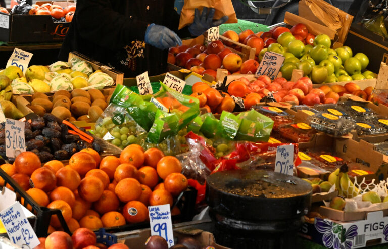 Fresh produce displayed at a fruit and vegetable stall at Portobello Road in London
