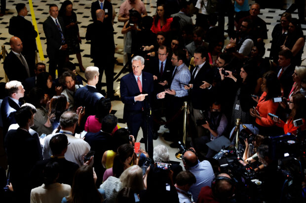 House Speaker Kevin McCarthy speaks with reporters at the US Capitol