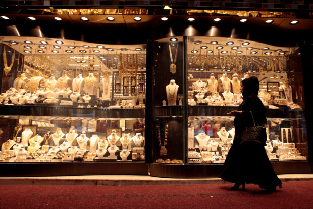Gold jewelry on display at the Gold Souq in Dubai