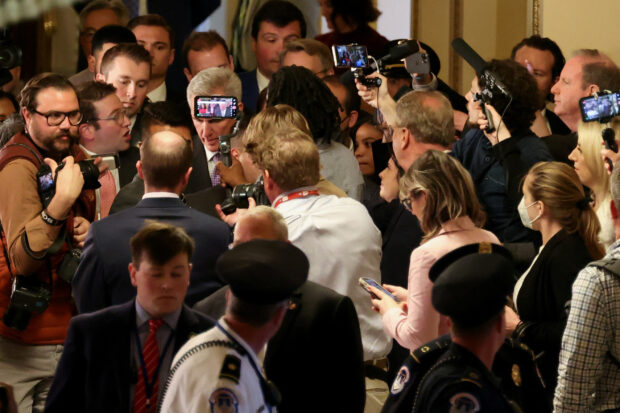 U.S. House Speaker Kevin McCarthy speaks to reporters