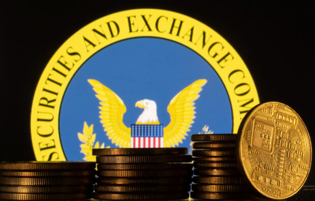 U.S. Securities and Exchange Commission logo and representations of crypto currencies