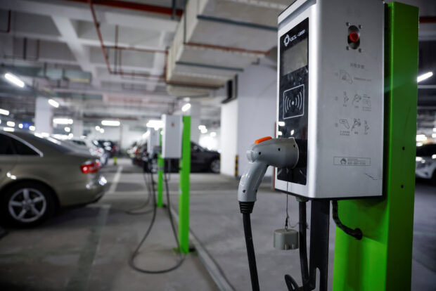 An electric car charging station in a parking lot in Shanghai