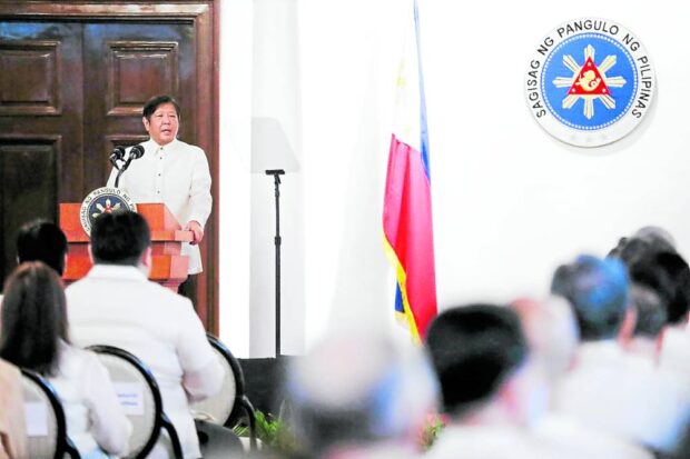 President Ferdinand R. Marcos Jr. delivering his speech before the new officers of FFCCCII.  PNA PHOTO BY JOEY O. RAZON