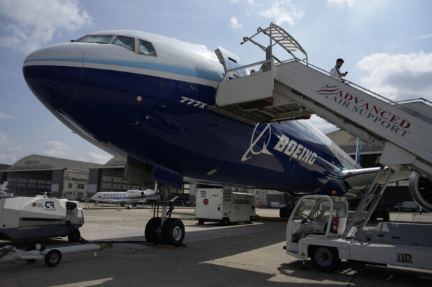 Boeing 777X airplane at the Paris Air Show in Le Bourget, north of Paris, France