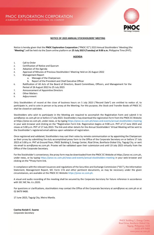 PNOC Exploration Corporation Notice of Annual Stockholders’ Meeting