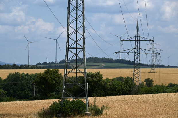 Wind turbines stand in the background of electricity pylons near Schnabelwaid