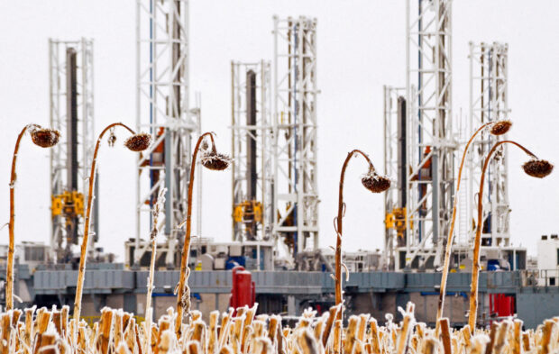 A dormant oil drilling rigs in North Dakota