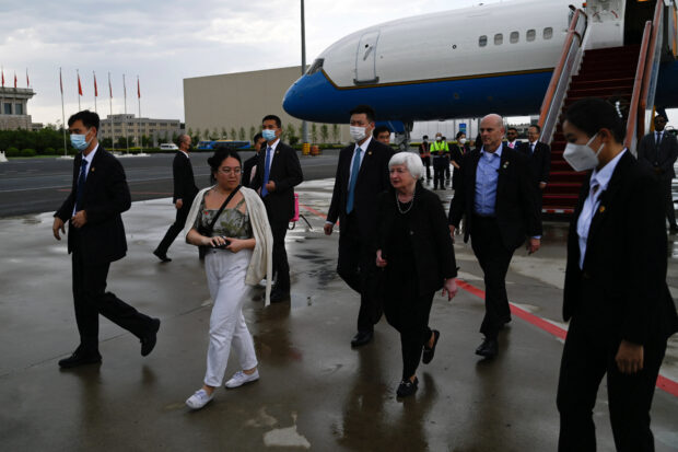 U.S. Treasury Secretary Janet Yellen arrives at Beijing airport