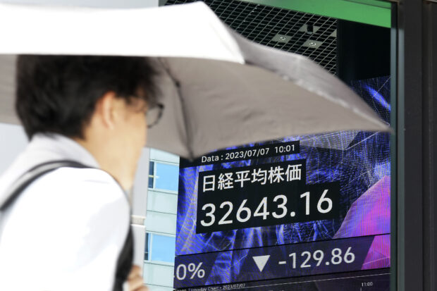 Electronic board showing Nikkei stock index in Tokyo