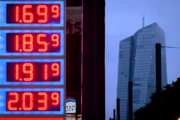 Gas prices are displayed at a gas station in Frankfurt