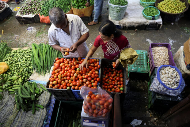 A woman selects tomatoes from a vegetable vendor at a market in Navi Mumbai