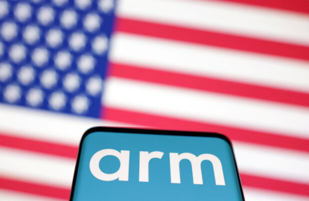 Arm Ltd logo and a U.S. flag