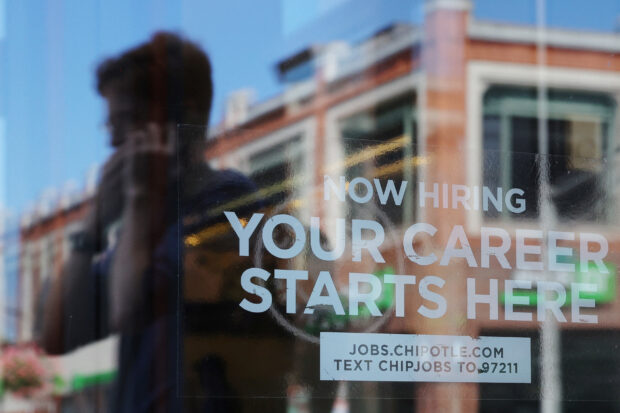 Hiring sign at a Chipotle restaurant in Cambridge, Massachusetts