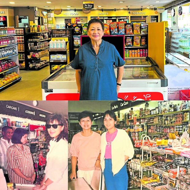 NOT JUST FOR FUEL Top: Nena Magdalena Cruz, the lady who brought convenience stores to gasoline stations. —Margaux SalcedoBottom: Cruz’s original convenience store concept “Bad Habit” at Shell Magallanes station, a favorite pit stop of celebrities back in the day, became the model for Select stores across the nation. (From left): Sharon Cuneta and Rio Locsin shopping —Contributed photos.