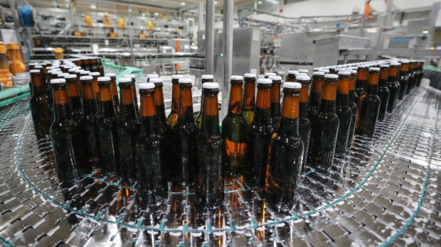 Beer bottles are filled at the Veltins beer brewery in Meschede