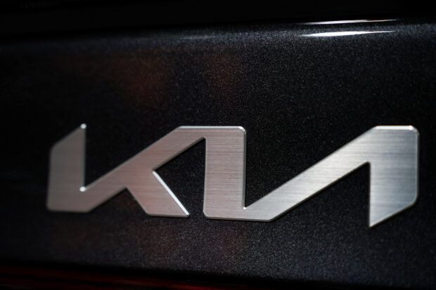 A KIA logo is seen during the New York International Auto Show
