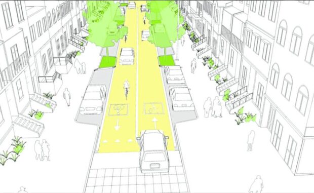 Narrow lanes reduce speeds and minimize crashes on city streets by reducing the right of way and making drivers wary of traffic and adjacent users. (GLOBALDESIGNINGCITIES.ORG)