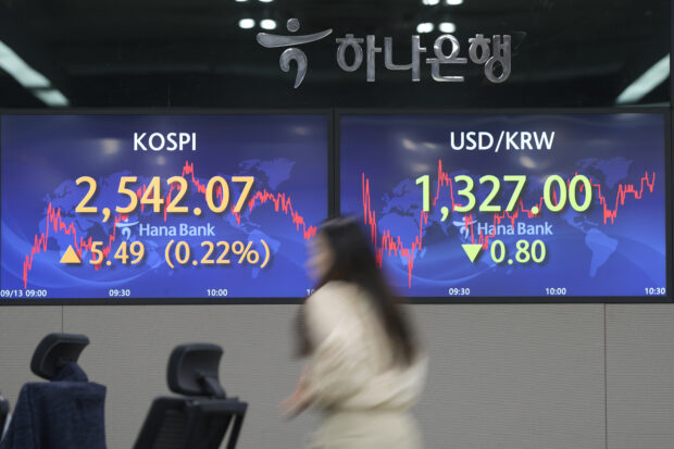 Electronic screens showing the Korea composite index in Seoul