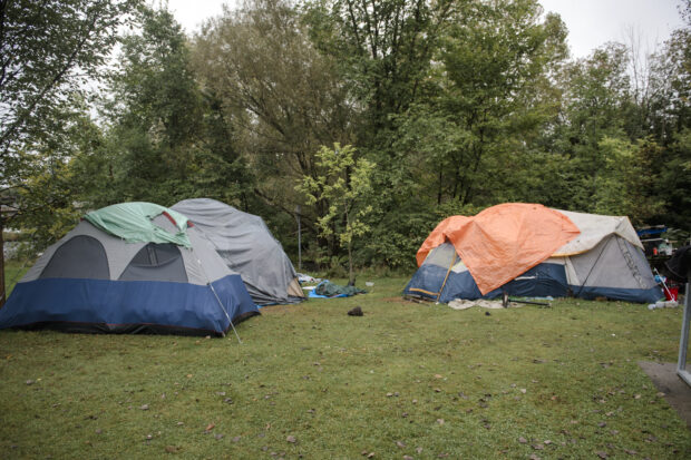 Tents are seen in a makeshift homeless encampment set up in a park in Grandby, Quebec, Canada