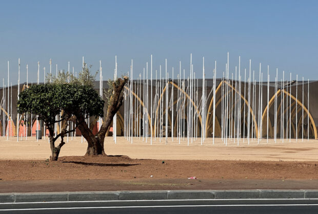 Entrance to the venue for the upcoming meetings of the IMF and World Bank in Morocco