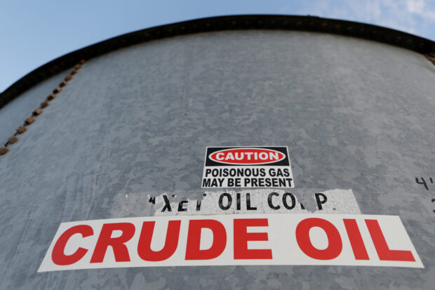 Storage tank in the Permian Basin in Mentone, Loving County, Texas.