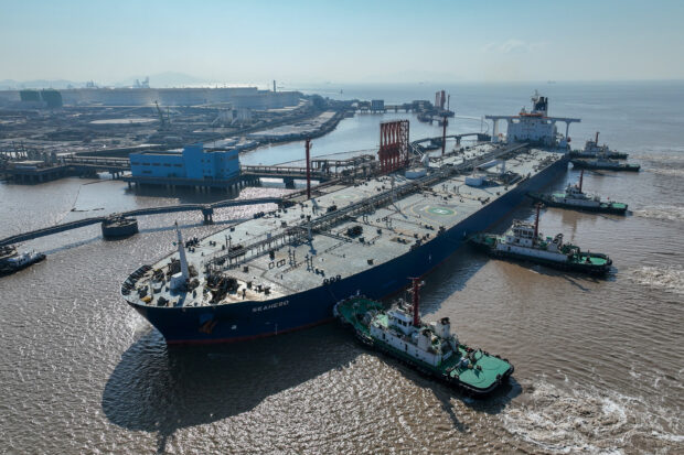 Crude oil tanker at an oil terminal off Waidiao island in Zhoushan