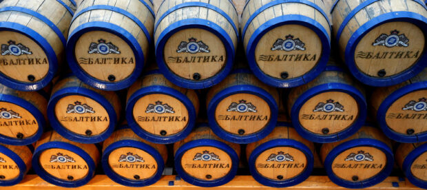 Barrels are seen at the museum of the Baltika brewery in St. Petersburg