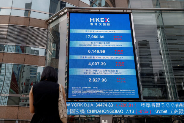 A screen showing the Hang Seng stock index in Hong Kong