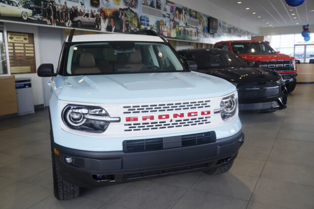 A Ford Bronco on display at a Gus Machado Ford dealership 