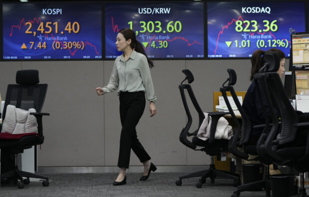 Screens show the Korea Composite Stock Price Index (Kospi)