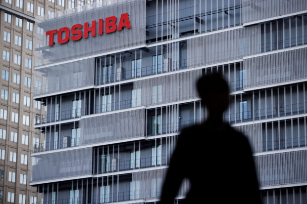 Toshiba logo at its building in Kawasaki, Japan