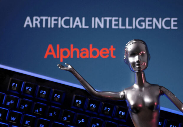 Alphabet logo and AI Artificial Intelligence 