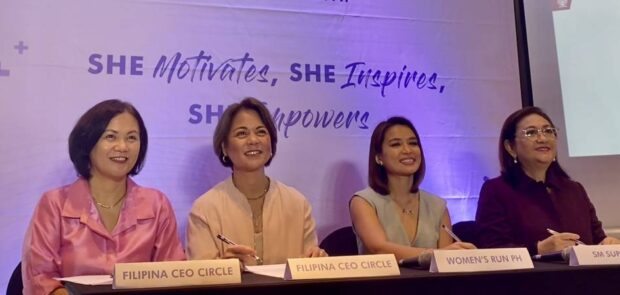 (From left) Ambe Tierro and Karen Roa ofFilipina CEO Circle, Women’s Run PH founder Nicole dela Cruz and SM Supermalls vice president for corporate marketing Grace Magno at the FCC Women’s Run PH launch held last Feb. 7 at Olive Garden,SM Mall of Asia.