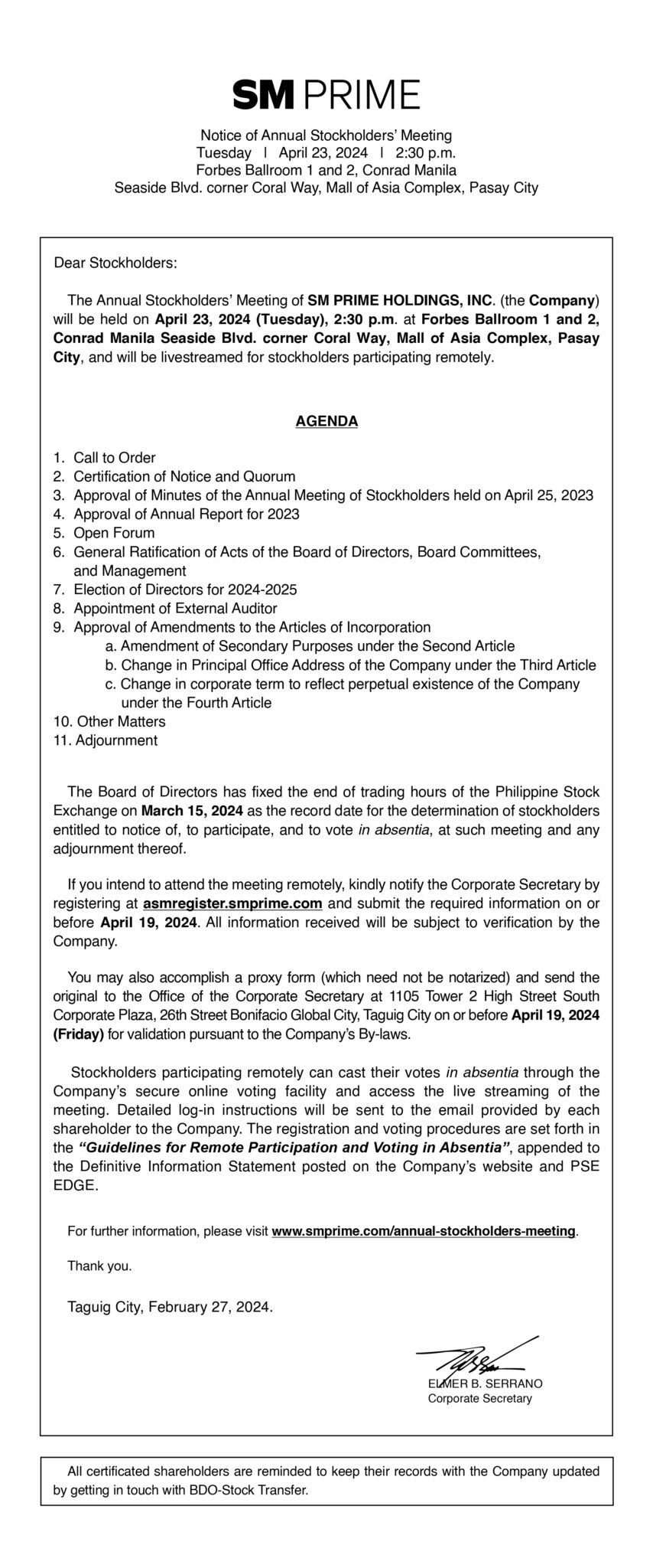 SM Prime Holdings, Inc. Notice Of Annual Stockholders' Meeting