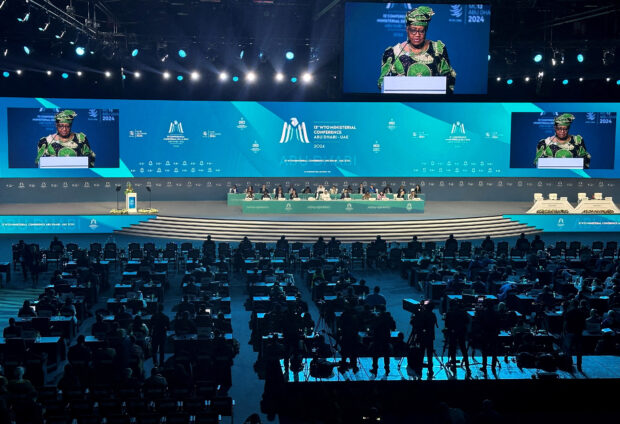Director-General of the World Trade Organization Ngozi Okonjo-Iweala speaks during the opening ceremony of the WTO ministerial meeting in Abu Dhabi